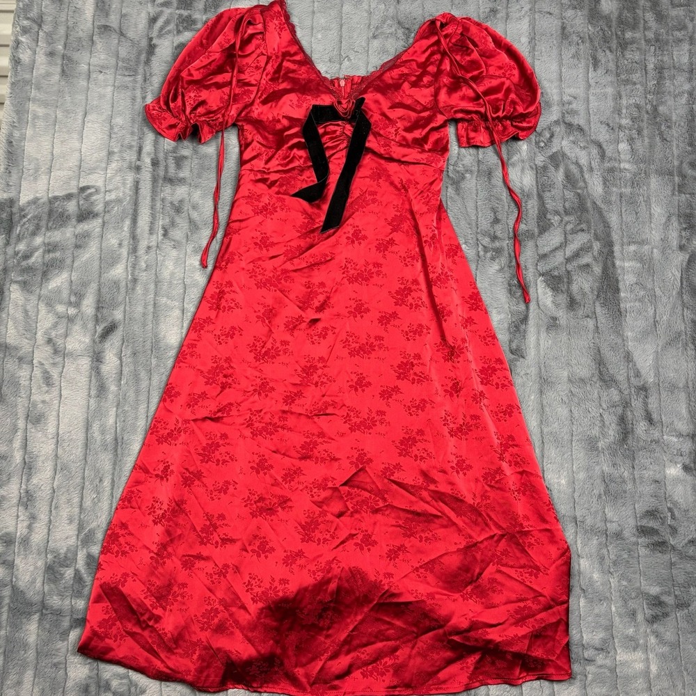 Audrey Parks Francesca's Red Floral Jacquard Berna Midi Dress Velvet Bow Small